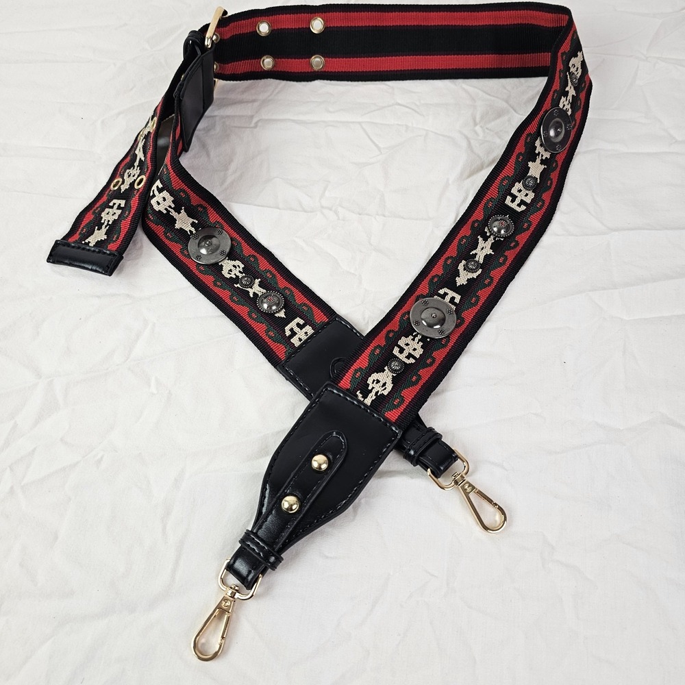 Red Black Embroidered Canvas Studded Shoulder Bag‎ or Guitar Strap Southwestern